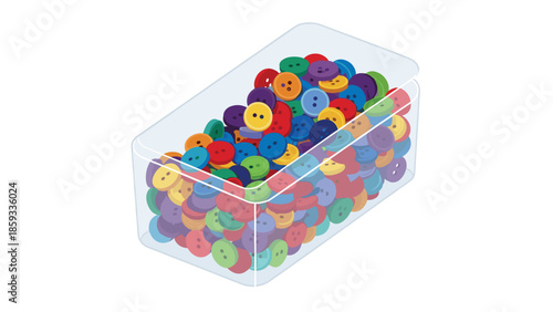 Transparent rectangular box overflowing with a vibrant assortment of colorful sewing buttons, illustrating crafting and variety.