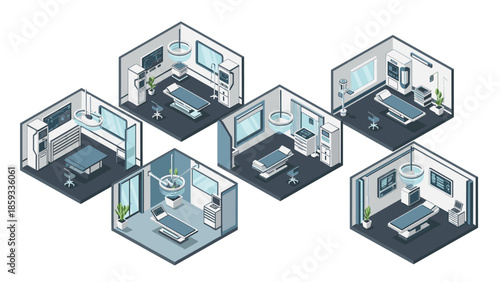 Isometric views of advanced modern medical examination rooms and operating theaters, showcasing state-of-the-art hospital infrastructure and technology.