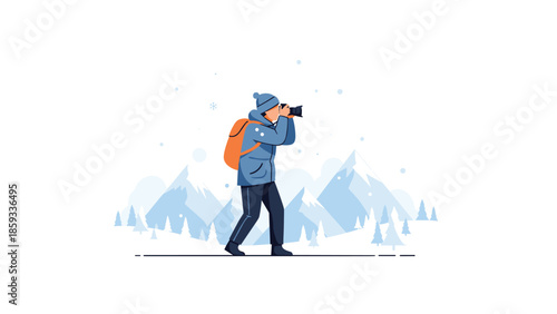 Adventurous photographer in warm winter attire and a backpack, capturing scenic views in a serene snowy mountain landscape with scattered pine trees, symbolizing nature exploration and travel.