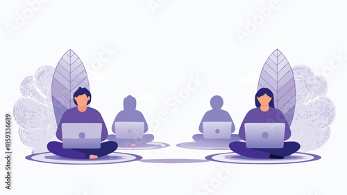 People sitting with laptops in a serene natural setting symbolizing social connection and community in the digital age with technology