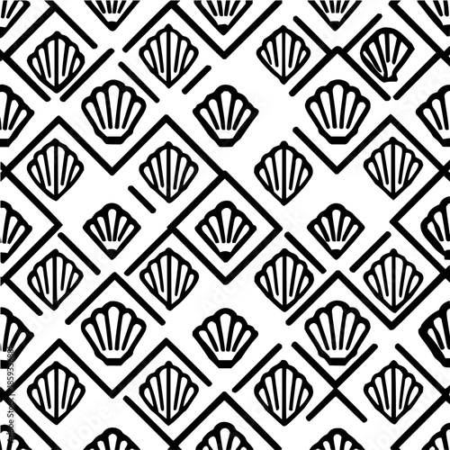 Seamless pattern seashell vector graphic design black and white shell background tileable texture repeat wallpaper art