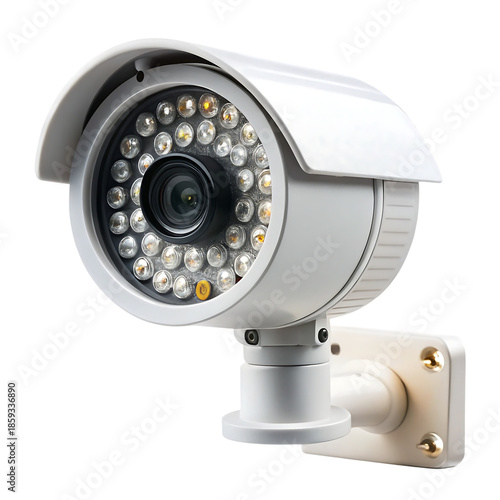 Detailed white security camera with visible lens and mounting bracket on transparent background high quality