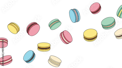 Delightful assortment of colorful macarons in various pastel shades, playfully floating and scattered randomly across a white background, perfect for confectionery and bakery themes.