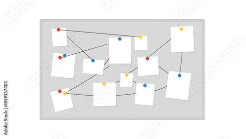 Clean white board displaying pinned blank papers interconnected by black strings, symbolizing a clear and structured approach to project management, idea mapping, or problem-solving.