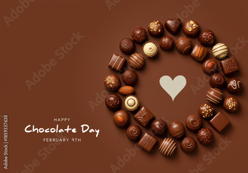 Assortment Of Delicious Chocolates Arranged In A Circle With A Heart In The Center candy sweet