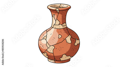 Antiquated clay pot meticulously repaired with visible cracks, showcasing the concept of restoration, preservation of ancient artifacts, and the beauty found in imperfection and history.