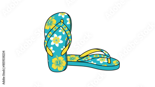 Vibrant pair of turquoise flip-flops adorned with cheerful yellow floral patterns and yellow straps, ideal for summer fashion, beachwear, and tropical vacation themes.