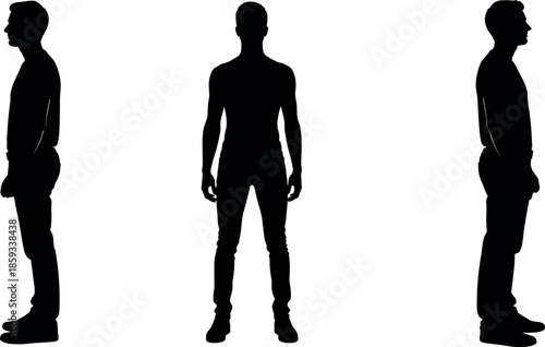Male fashion silhouette collection featuring front and side profile views of a slender man wearing slim fit casual clothes and shoes.