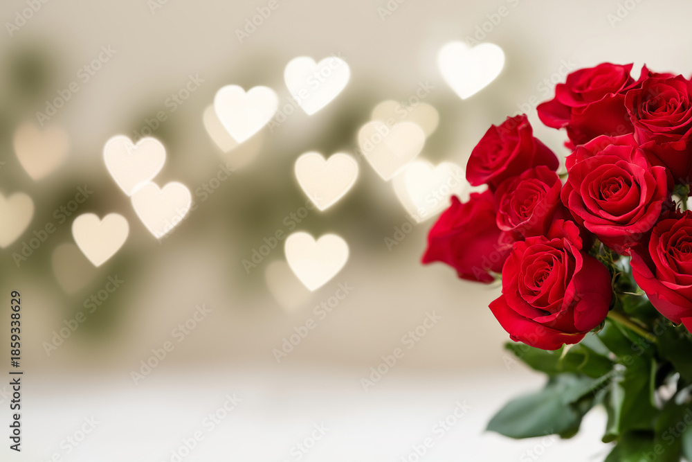 Fototapeta premium a bouquet of red roses on the right side, with heart-shaped bokeh lights in the background, creating an atmosphere for a valentine's day celebration. the roses add elegance and rom