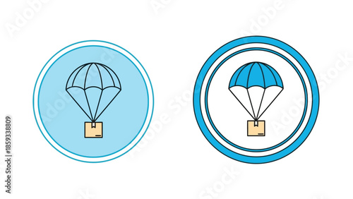Two circular icons depicting parachutes with cargo boxes below