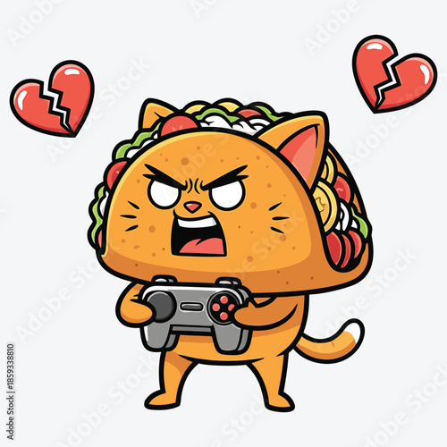 Angry Taco Cat Gamer with Broken Hearts Valentine Funny Illustration
