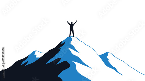 Symbolic silhouette of a triumphant person standing atop a jagged mountain peak with arms raised in victory, embodying achievement, success, challenge, and reaching goals.