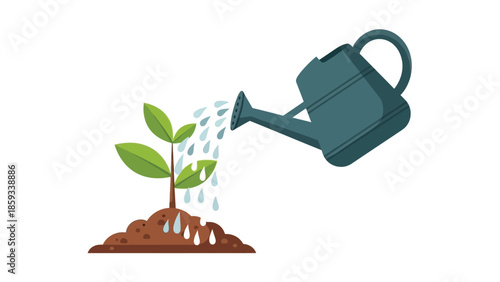 Watering a young plant with a blue watering can growth and care