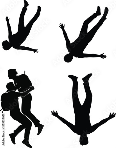 Vector illustration of a black silhouette group featuring a man, woman, and ballet dancers performing a fitness jump and yoga pose in an artistic dance display of movement and body grace
[