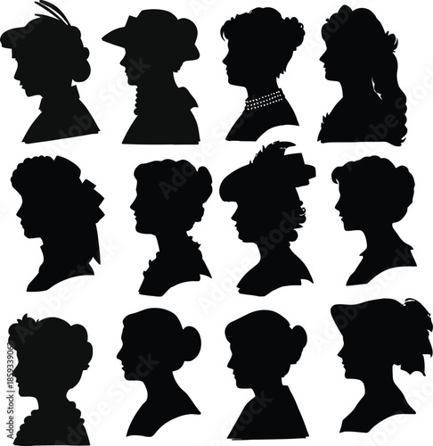 Vector illustration set of black woman profile silhouettes and user avatar icons featuring diverse hair styles and head outlines for web design symbols,l;'lk['
