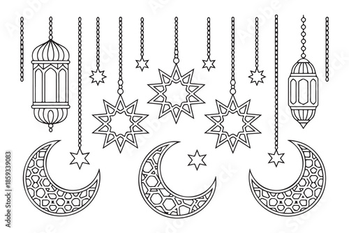 Outline style hanging decoration for ramadan kareem and eid festival celebration with lanterns crescent moons and stars artwork