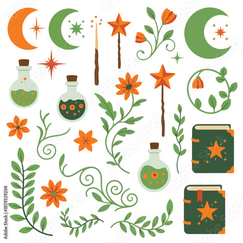 Flat vector set of whimsical icons including crescent moons, magic wands, potion bottles, orange flowers, books and vines. Ideal for fantasy, fairy tale or enchanted garden designs.