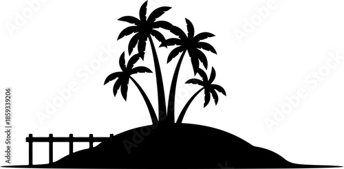 Tropical Island Hut with Palm Trees Black and White Illustration