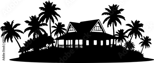 Tropical Island Hut with Palm Trees Black and White Illustration