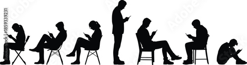 Silhouettes of diverse people using smartphones in various seated and standing poses representing mobile technology addiction digital communication and internet obsession