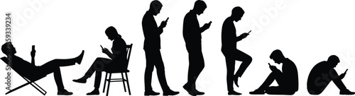 Silhouettes of diverse people using smartphones in various poses representing mobile technology addiction digital communication social media and internet obsession isolated