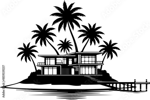 Tropical Island Hut with Palm Trees Black and White Illustration
