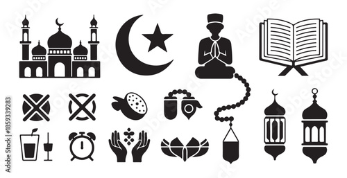 islamic vector icons set for ramadan with mosque moon star prayer beads alarm clock lanterns and dates