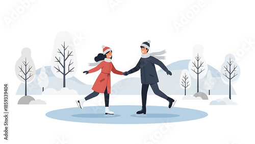A couple skates on a frozen pond surrounded by bare trees and snow-covered hills in winter. They hold hands, smiling