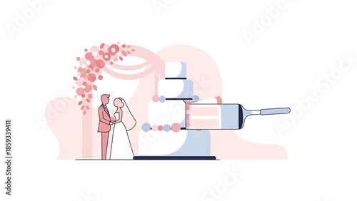 A couple stands before an arch and wedding cake, with a server taking a slice, minimalist style
