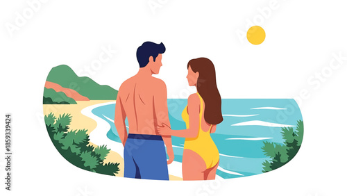 A couple stands together at the beach, looking out at the ocean on a sunny day. A green landscape surrounds them