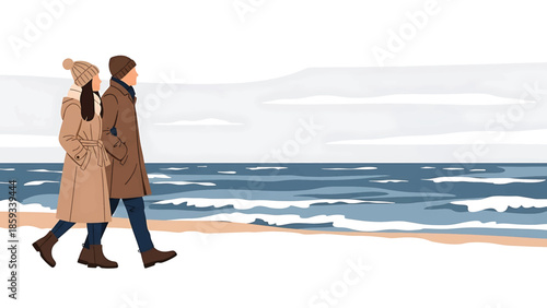 A couple walks along a beach. She wears a coat and hat. He wears a coat and hat, arms linked. The ocean stretches out behind them, with a cloudy sky