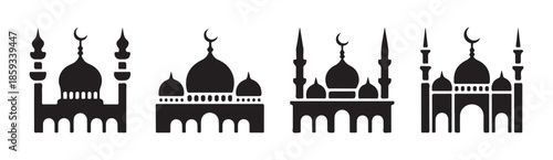 Four distinct mosque architectural styles with domes and minarets for islamic landmarks design
