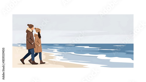 A couple, wrapped in coats and hats, stroll along a beach, with the gray sky and sea in the background. The art style evokes a sense of peace