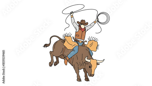 A cowboy, wearing a hat and vest, rides a bucking bull, holding a rope high overhead against a white backdrop