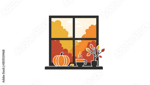 A cozy autumn scene featuring a window overlooking colorful trees. A pumpkin, a steaming mug, and a plant sit on the sill