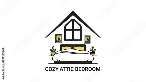 A cozy attic bedroom illustration, featuring a stylized bed, potted plants, framed art, and a large window, under a roof outline