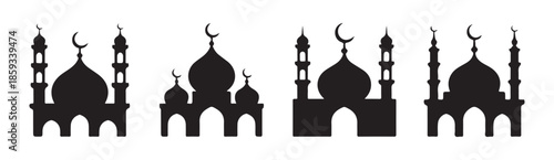 Diverse collection of four black mosque silhouettes showcasing multiple domes prominent minarets and classical arched entrance elements.