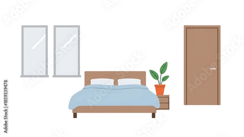 A cozy bedroom illustration featuring a bed with a blue comforter, two windows, a nightstand with a plant, and a closed door