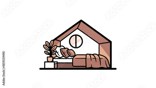 A cozy bed within a house outline, a round window in the roof. A potted plant stands next to a small nightstand. A blanket rests on bed