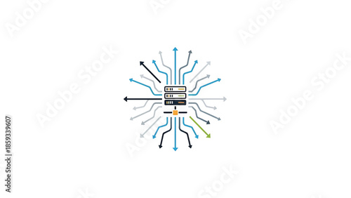  A conceptual graphic depicts data flow A central server is surrounded by arrows that point in various directions symbol