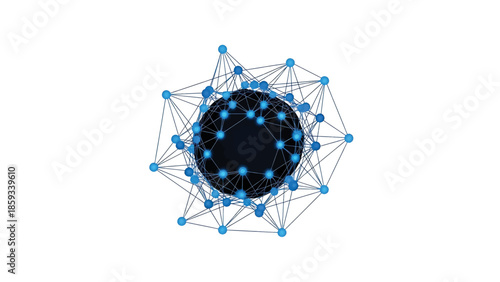 A conceptual graphic depicts a central sphere with connecting lines and nodes, abstracting interconnectedness and networks. Itâ€™s set against a white backdrop