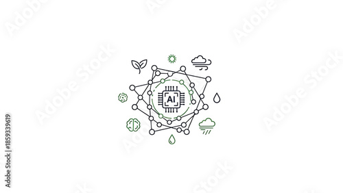 A conceptual graphic features a central AI chip surrounded by a network of interconnected nodes and various natural elements a leaf, weather icons, and brain