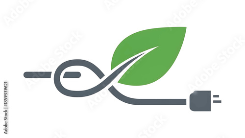 A conceptual graphic features a stylized leaf intertwined with a cord ending in a plug, symbolizing eco-friendly energy. It floats on white