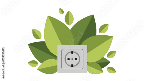 A conceptual graphic features an electrical outlet in a square frame surrounded by overlapping green leaves, suggesting sustainability