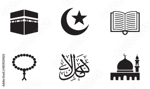 Minimalist islamic icons featuring kaaba crescent star open book prayer beads arabic script and mosque architecture