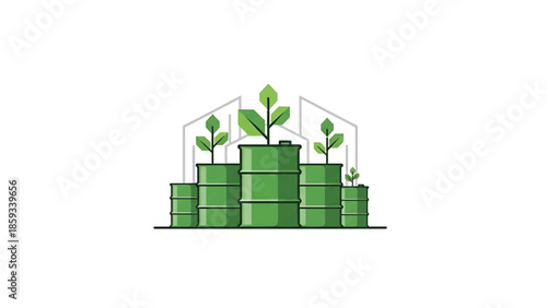 A conceptual graphic of green barrels with growing plants, representing environmental sustainability and growth, with a building outline