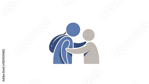A conceptual illustration depicting a person providing comfort and support to another. Two figures are interacting in an embrace, expressing compassion
