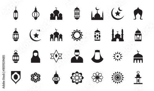 Set of islamic icons, collection of arabic symbols, religion and culture elements for ramadan and eid