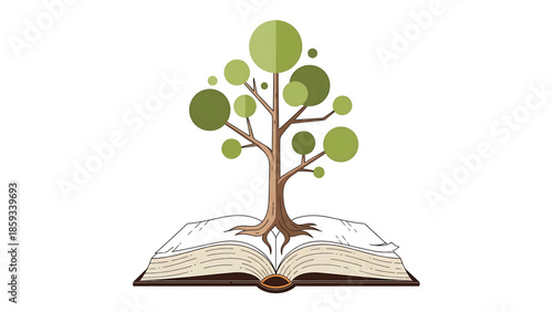 A conceptual illustration showing a tree growing from an open book, symbolizing knowledge. The tree bears green, circular leaves