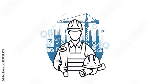 A construction worker in hardhat, holding blueprints and a helmet with a crane and building silhouette in the background